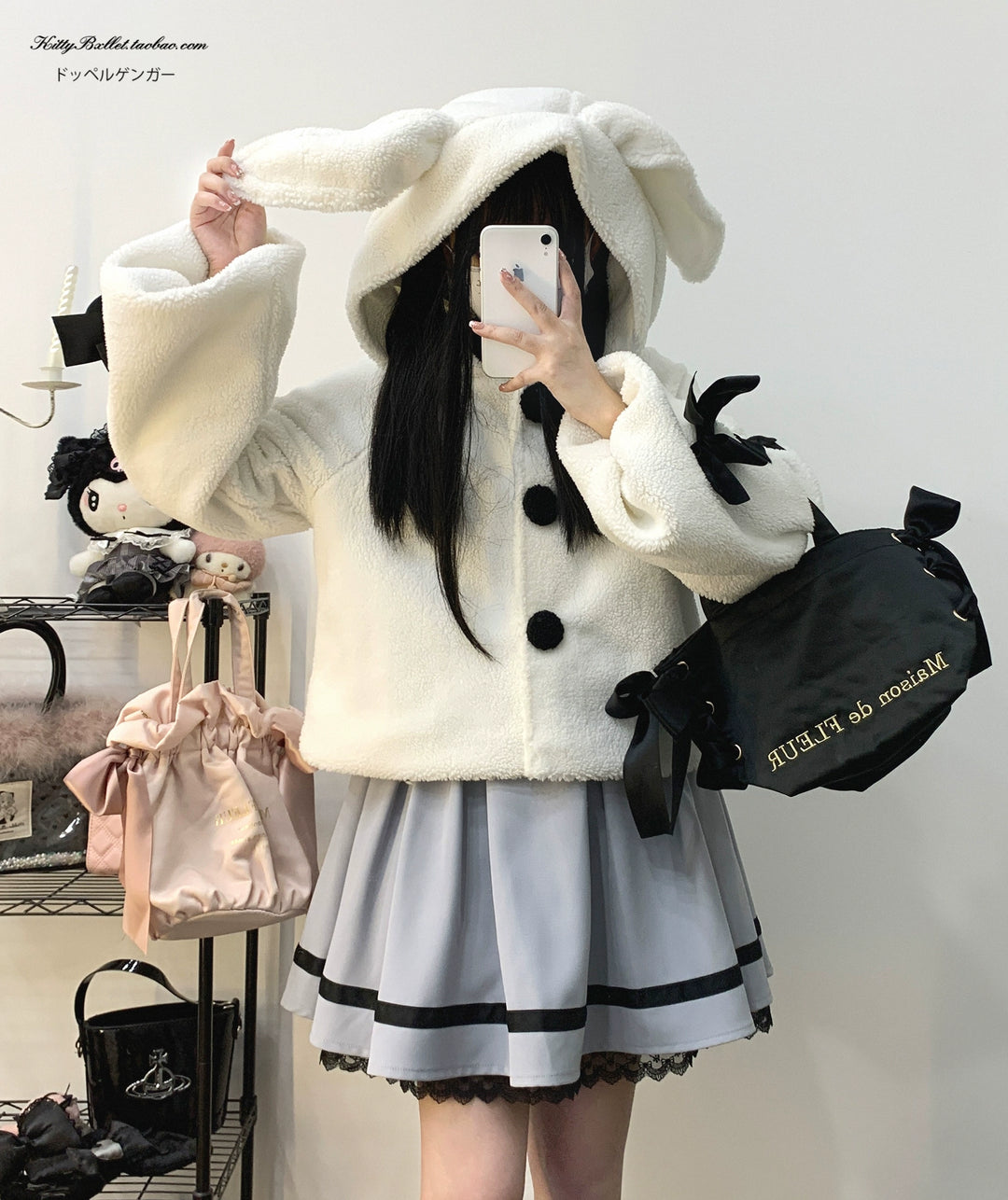 Jirai Kei Winter Coat White Black Plush Jacket With Rabbit Ear 31854:372664 31854:372664