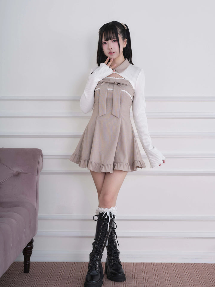 Ryousangata Dress & Knit Bolero Set, Plaid/Striped Pattern 46030:873179