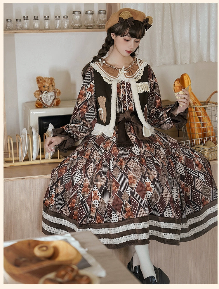 Lolita Dress Bear Embroidered Long Sleeve Dress And Vest 32068:382264 32068:382264