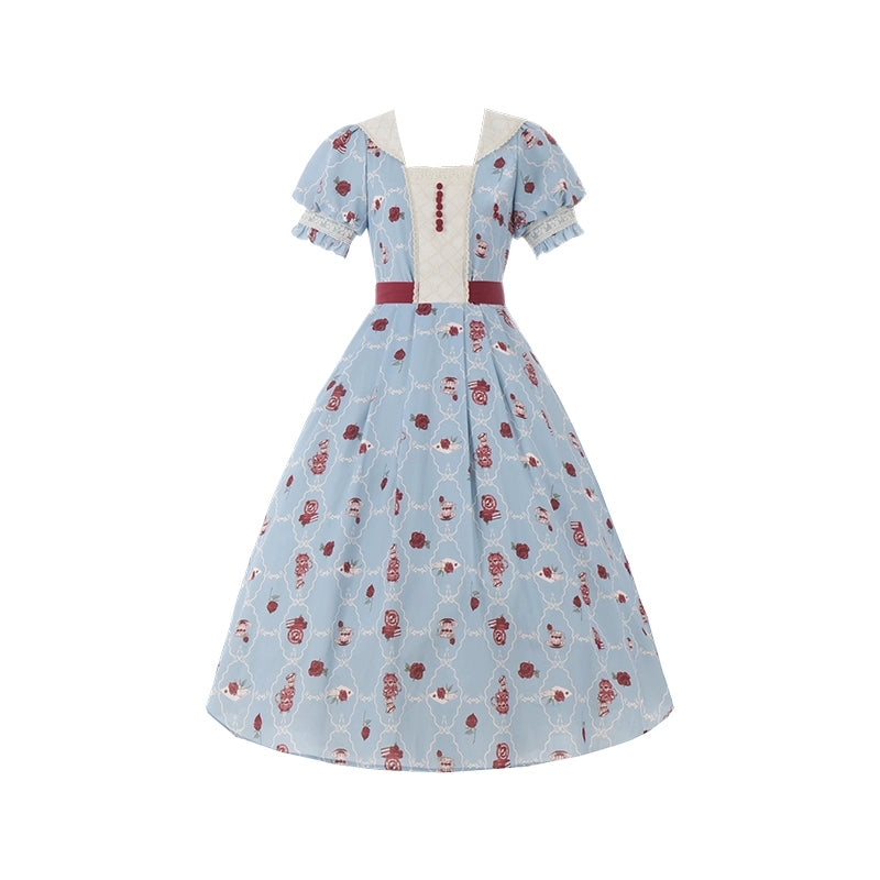 Pink Blue Lolita Dress Short Sleeve Lolita Dress Floral Tea Pot Print (L M S) 37134:552482