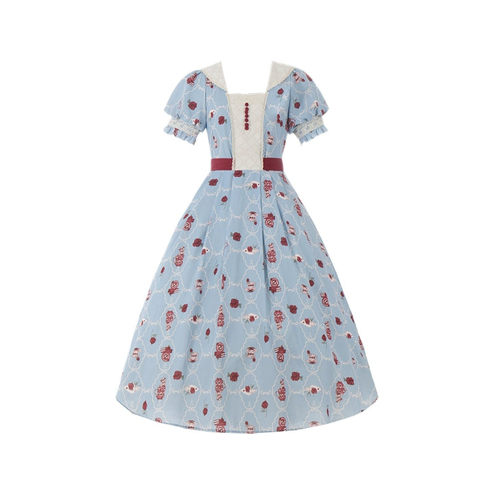 Classic Lolita Dress With Short Sleeve And Floral Tea Pot Print Multicolor (L M S) 37134:552482