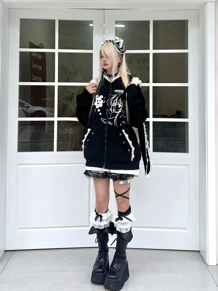 Jirai Kei Coat Bunny Ears Hoodie Lace Rivet Winter Coat 32412:415544