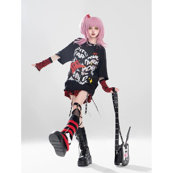 Gyaru T-shirt Red Plaid Skrit Unisex Punk Short-sleeve Top 42020:723506