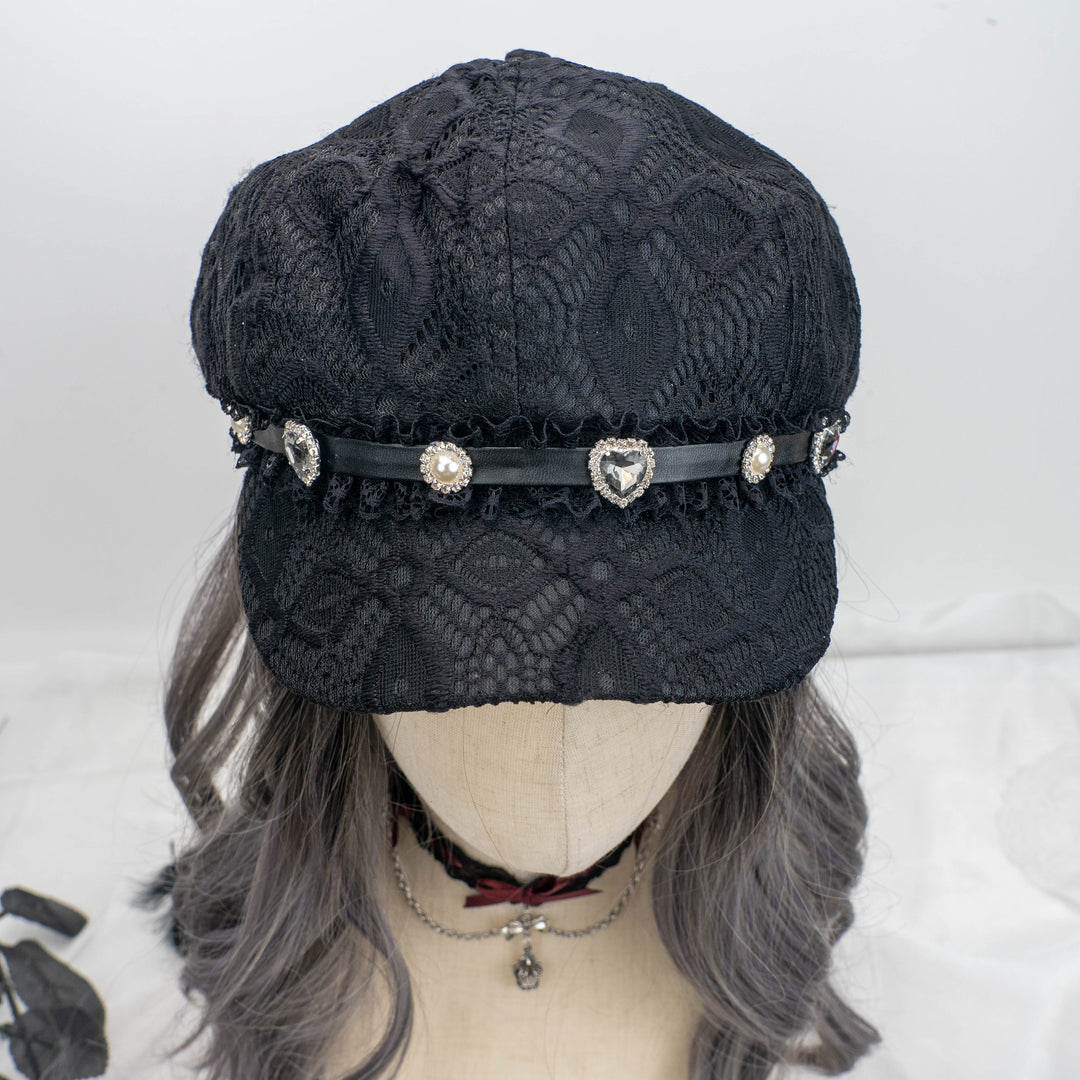 Jirai Kei Black Octagonal Hat with Rhinestone Lace 21572:311468