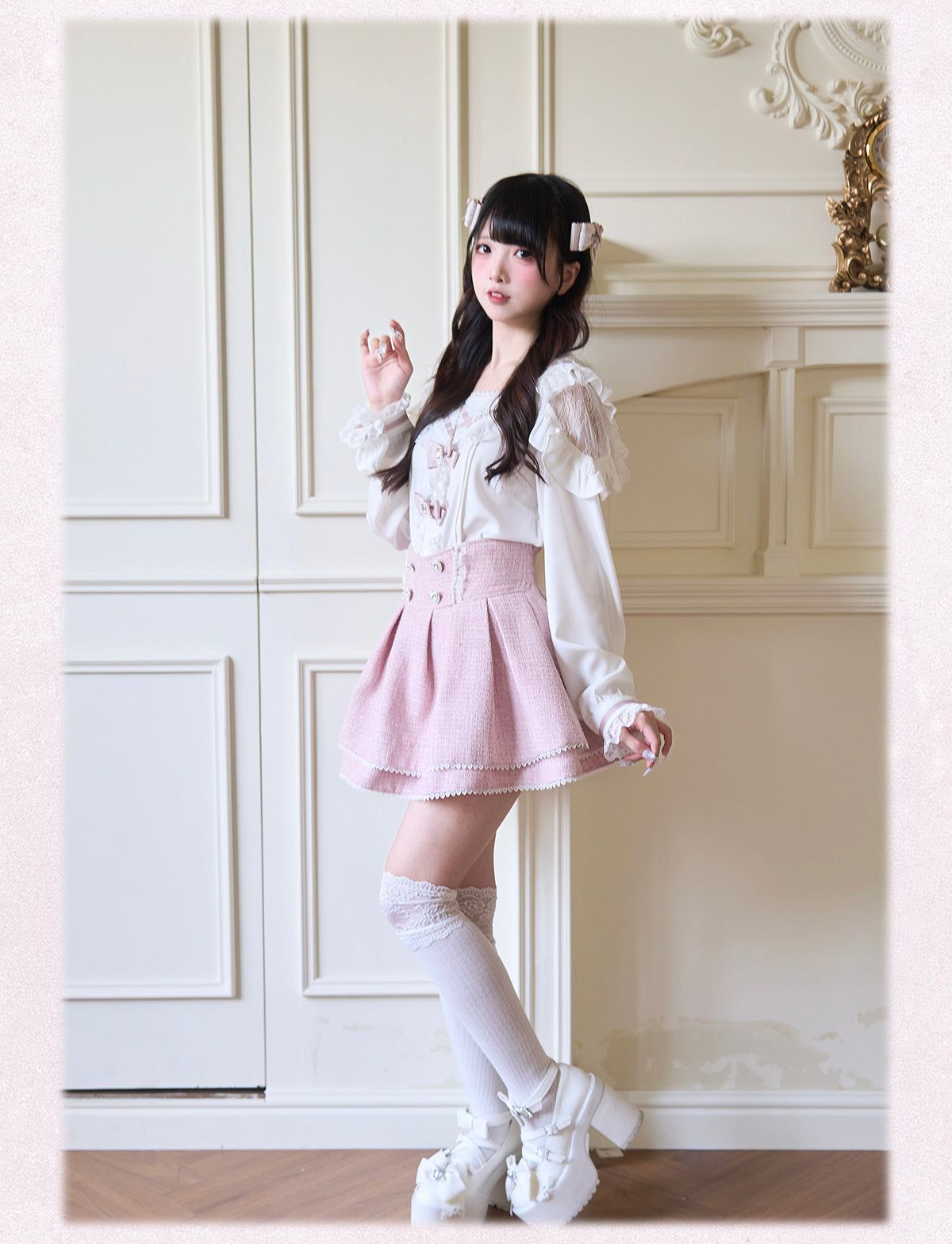 Sailor Collar Jirai Kei Blouse with Tulle Shoulder and Lace Frill