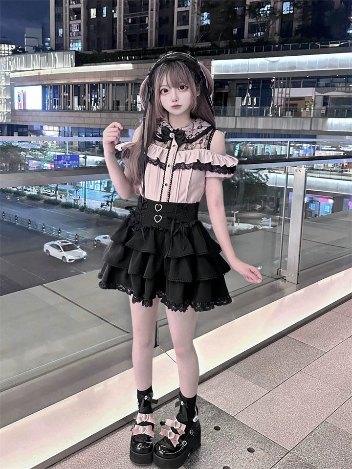 Jirai Kei Off Shoulder Blouse, Tiered Skirt 45584:856518