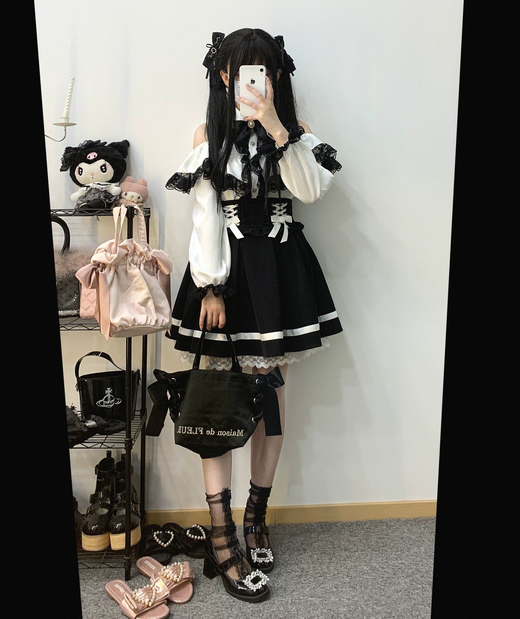 Jirai Kei Skirt High Waist Lace Up Skirt With Bow Tie 31860:396642