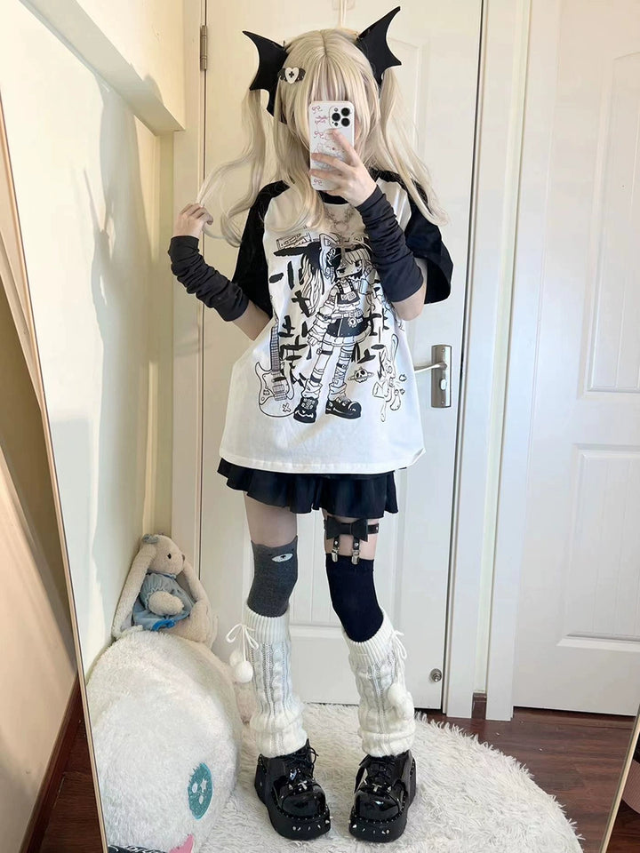 Subculture Shirt Black White Raglan Sleeve T-shirt Anime Top 37742:579308