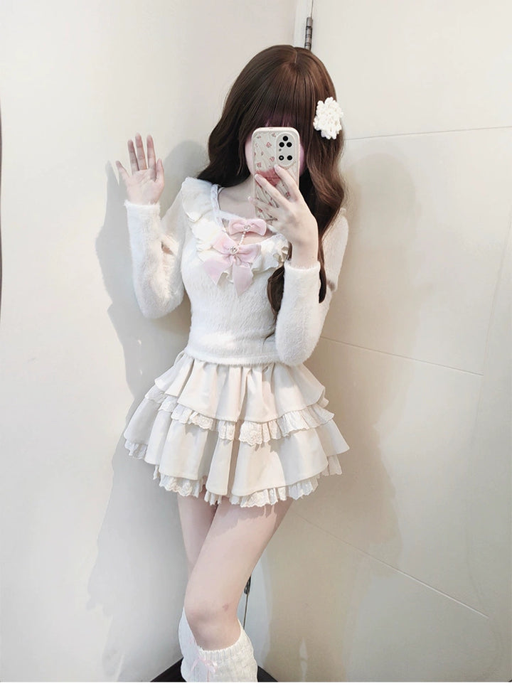 Sweet Kawaii White Sweater Cake Skirt Set 41556:703732