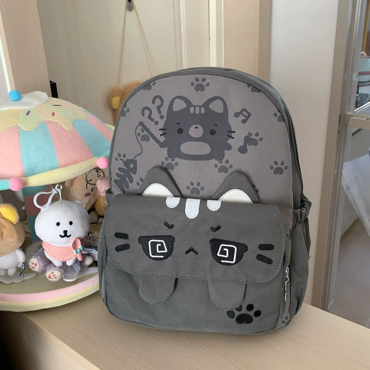 Kawaii Gray Canvas Backpack, Cat Print & Embroidery 45723:862432