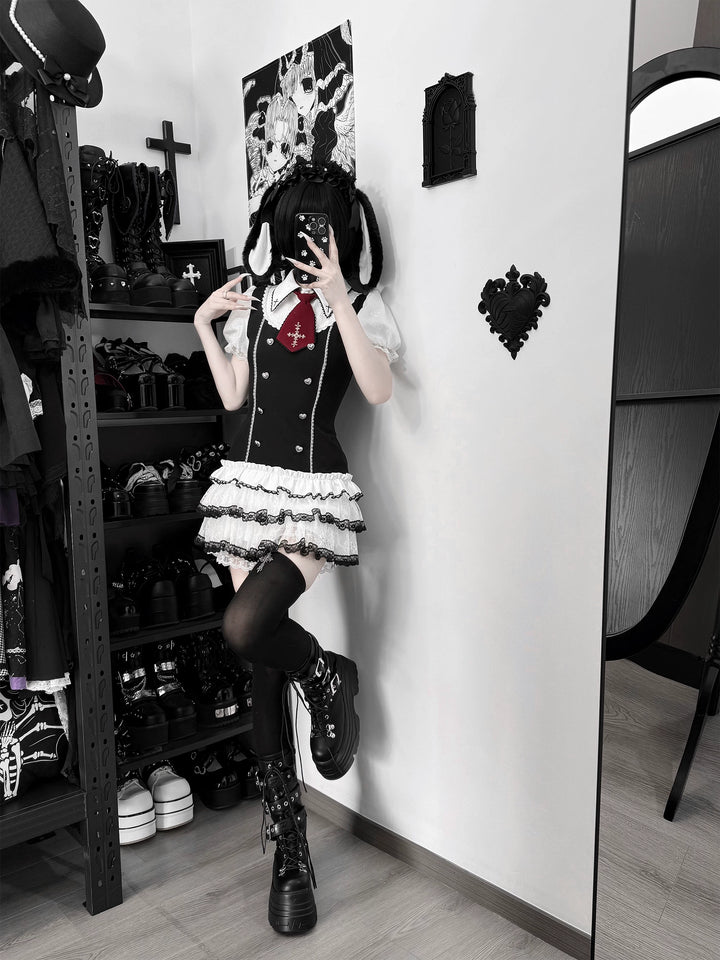 Preppy Style Low-Waist Dress Set, Cross Details 44746:823811