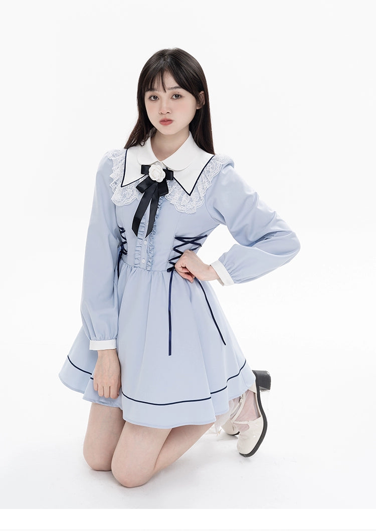 Kawaii French Style Light Blue Long Sleeve Ribbon Dress 21990:325062