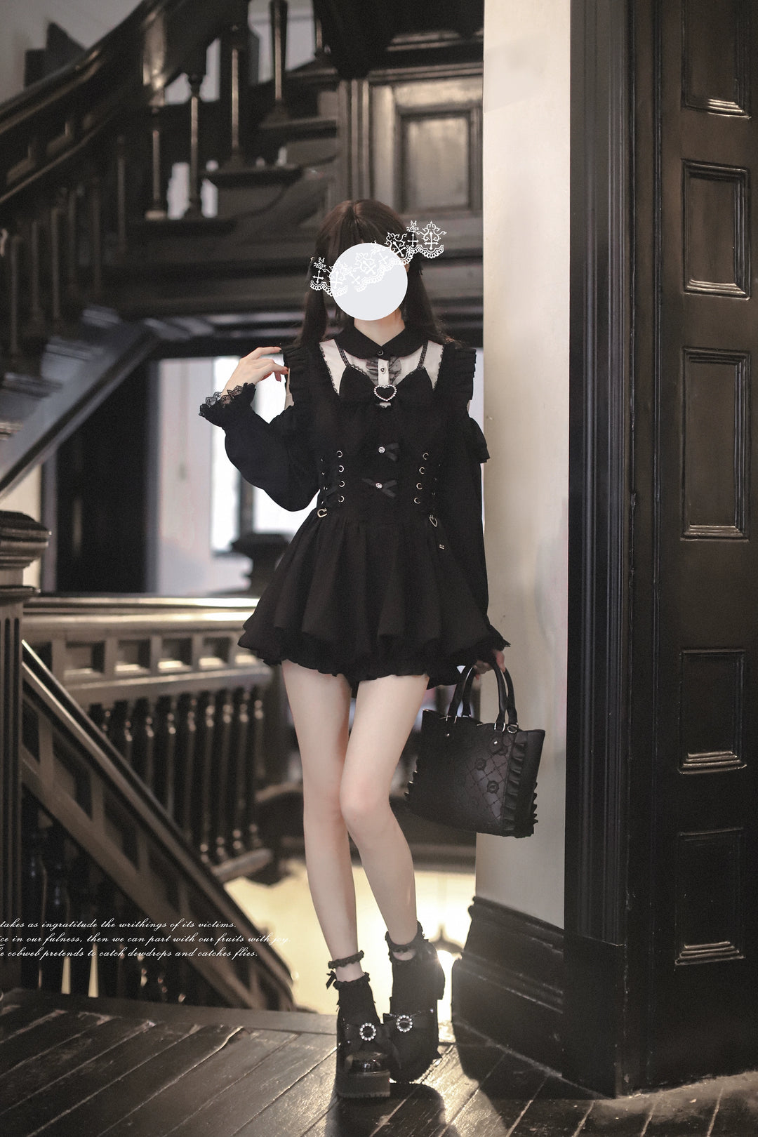 Jirai Kei Open-Shoulder Dress, Lace-Up Waist 44040:793865