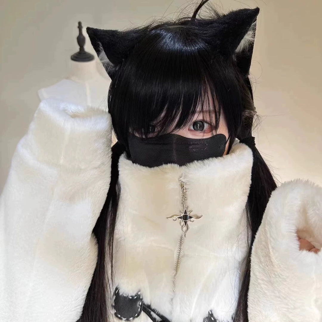 Plus Size Jirai Kei Coat Black White Winter Coat Cat Ear Hooded 40330:658302