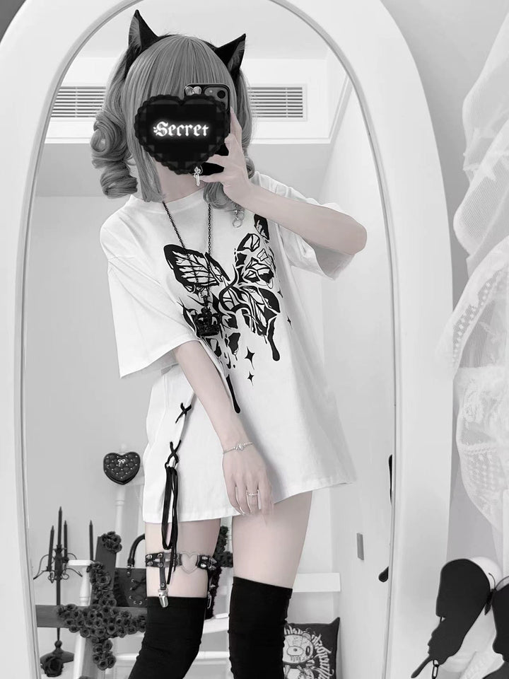 Cotton Gothic Butterfly Print T-Shirt, Zipper Shoulder (White / L M) 43653:782343