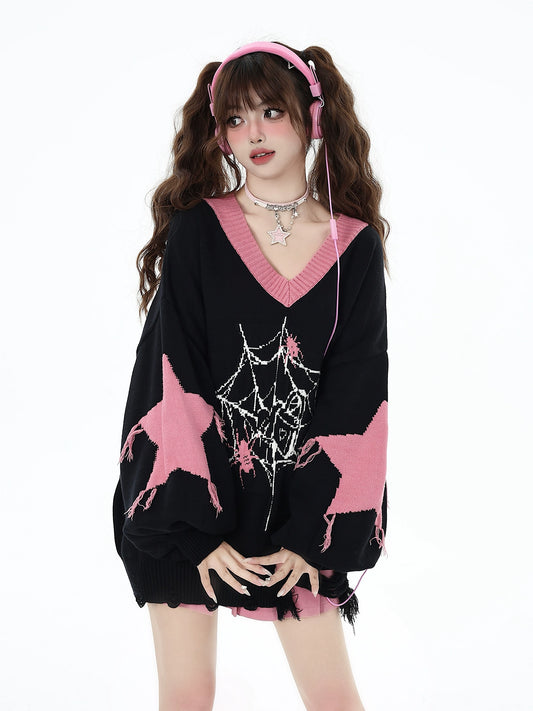 Black Pink Sweater Star Knit V-neck Pullover Sweater (M S / Black) 32462:423364