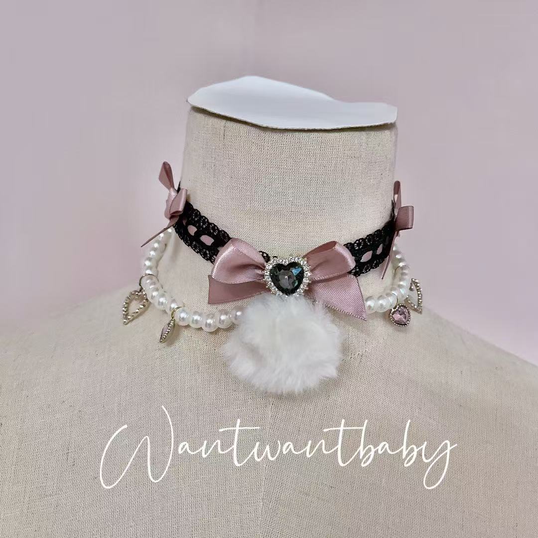 Jirai Kei Lace Choker With Bows Rhinestones And Heart-shaped Ball 42234:733376