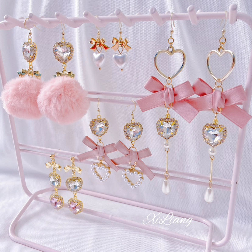 Jirai Kei Earrings Pink Heart Rhinestone Bow Ear Clips 33800:449880 33800:449880