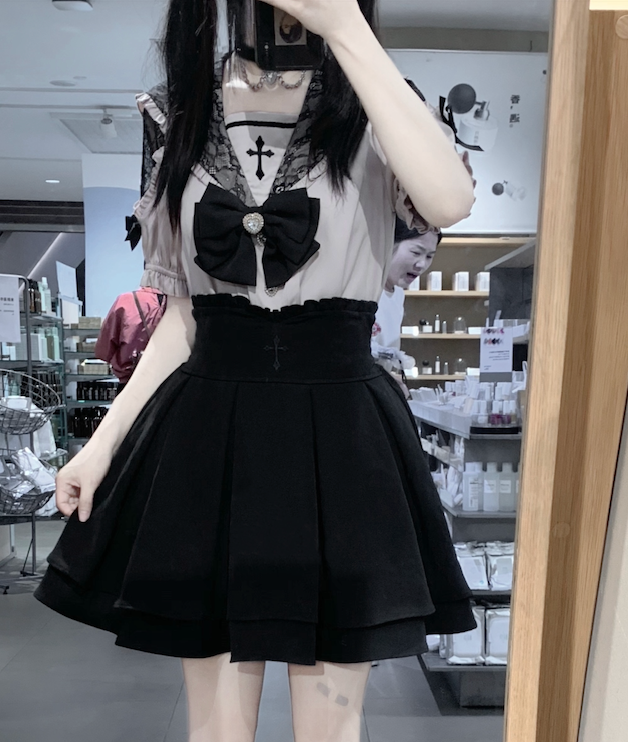 Jirai Kei Cross Blouse High Waist Skirt Short Sleeve Shirt 37118:552554