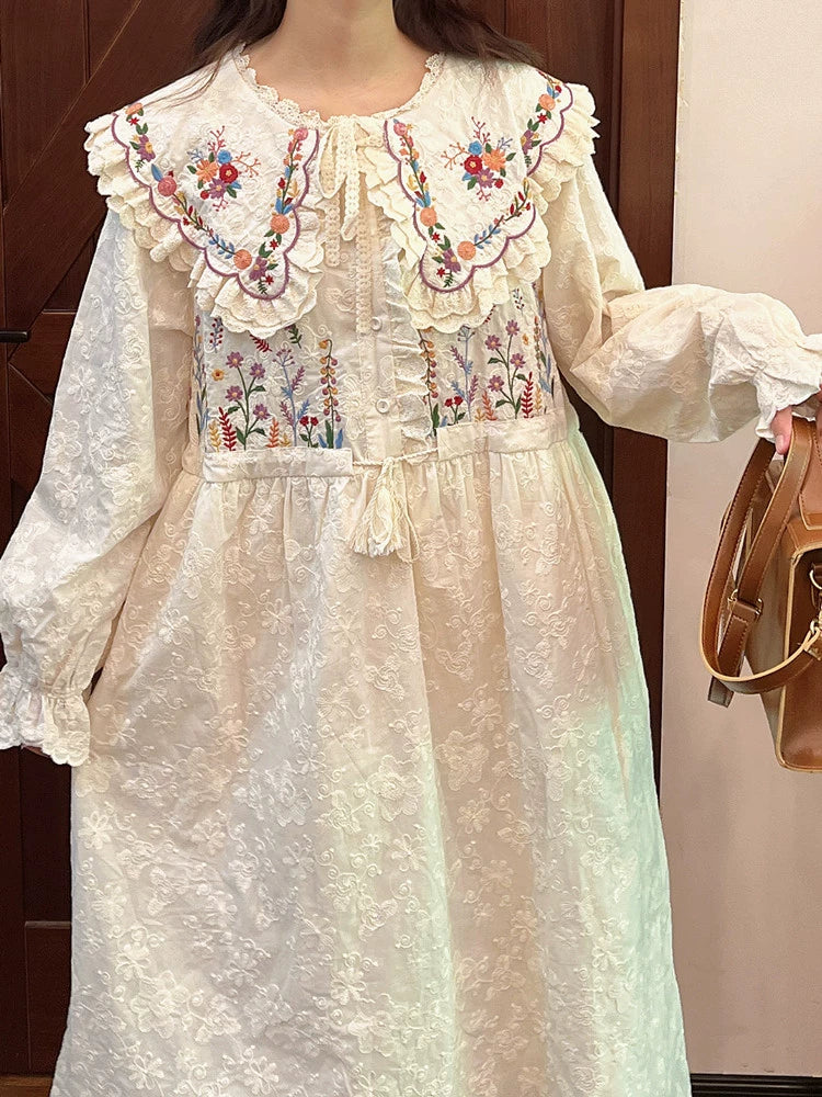 Cottagecore Dress Mori Kei Dress Embroidered Lace Dress 36214:524282