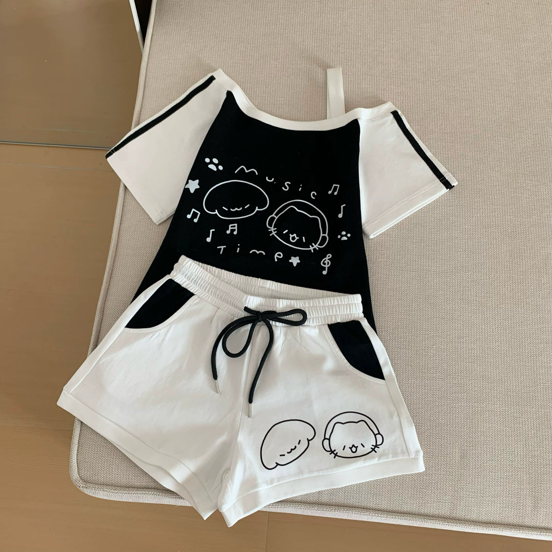 Kawaii Summer Music Time Printed Top & Shorts With Pockets (L M S) 42904:757281