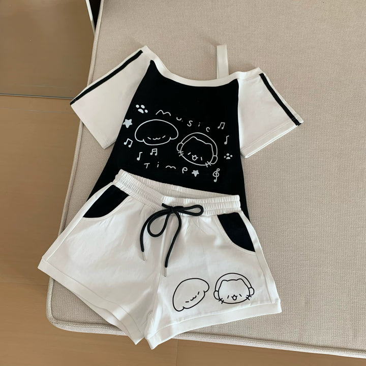 Kawaii Summer Music Time Printed Top & Shorts With Pockets (L M S) 42904:757281
