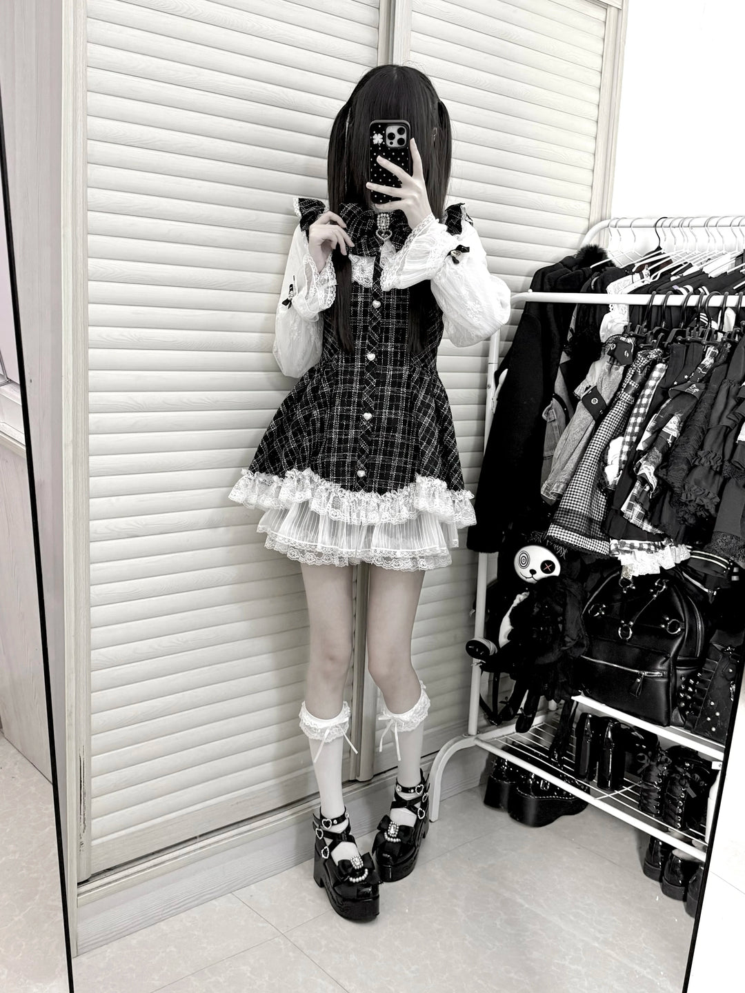 Jirai Kei Plaid Dress Set, Petal-Shaped Lace Hem 44765:825649