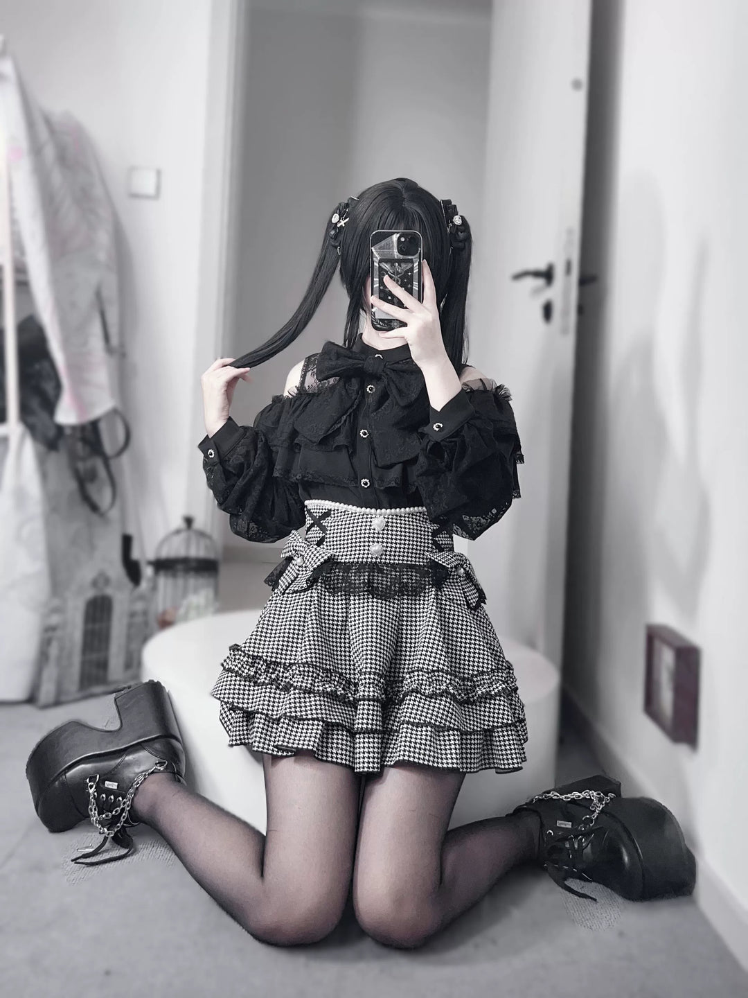 Jirai Kei Lace Skirt, Black Jacquard And Houndstooth Style 44163:801152