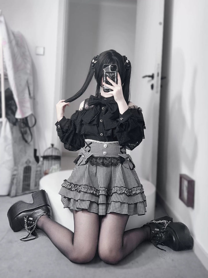 Jirai Kei Lace Skirt, Black Jacquard And Houndstooth Style 44163:801152