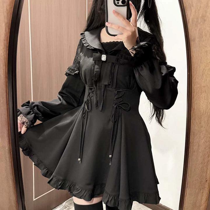 Jirai Kei Dress Set Black Sailor Collar Lace Dress Shorts 40076:649898