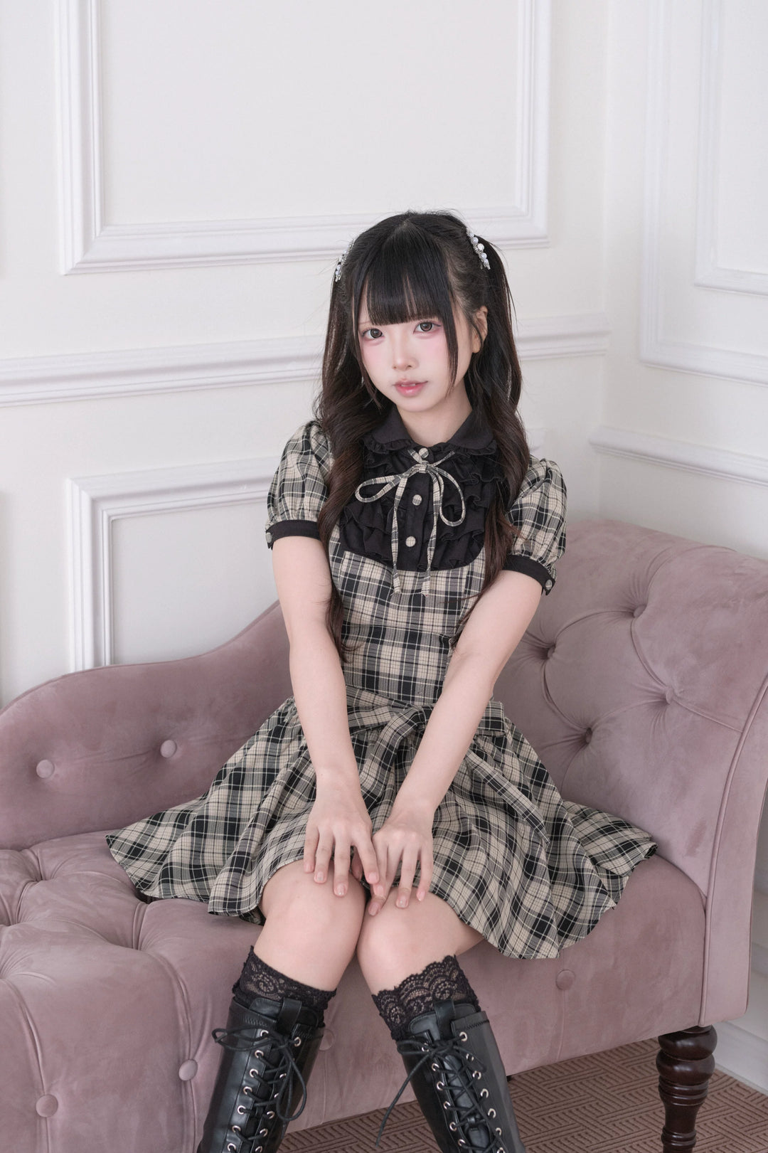 Summer Jirai Kei Plaid Dress, Layered Ruffle Chest 45197:839851