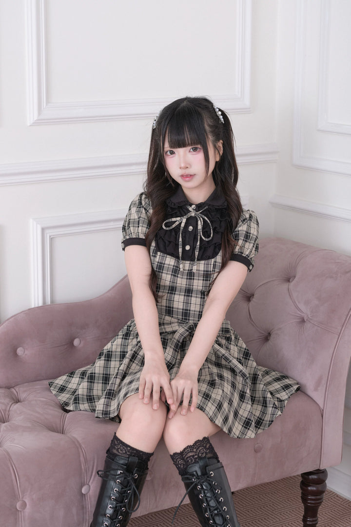 Summer Jirai Kei Plaid Dress, Layered Ruffle Chest 45197:839851