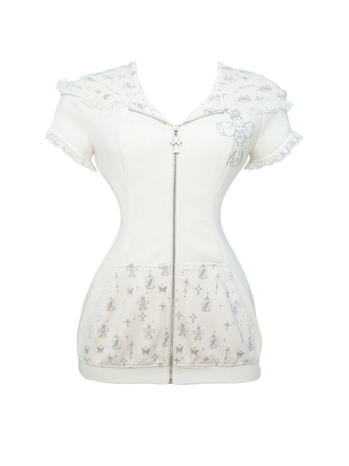 Gyaru Outfit, Bunny Ear Zip Up Hoodie + Tiered Lace Skirt (M S XS) 43433:779647