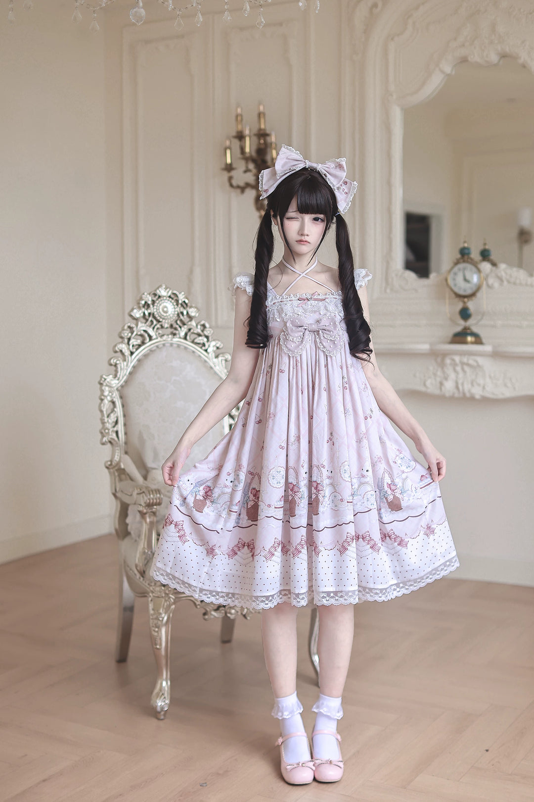 Strawberry Bunny Printed Kawaii Lolita Dress, Halter Neckline 45456:857952