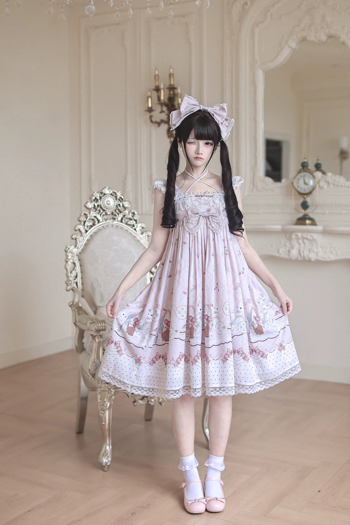 Strawberry Bunny Printed Kawaii Lolita Dress, Halter Neckline 45456:857952