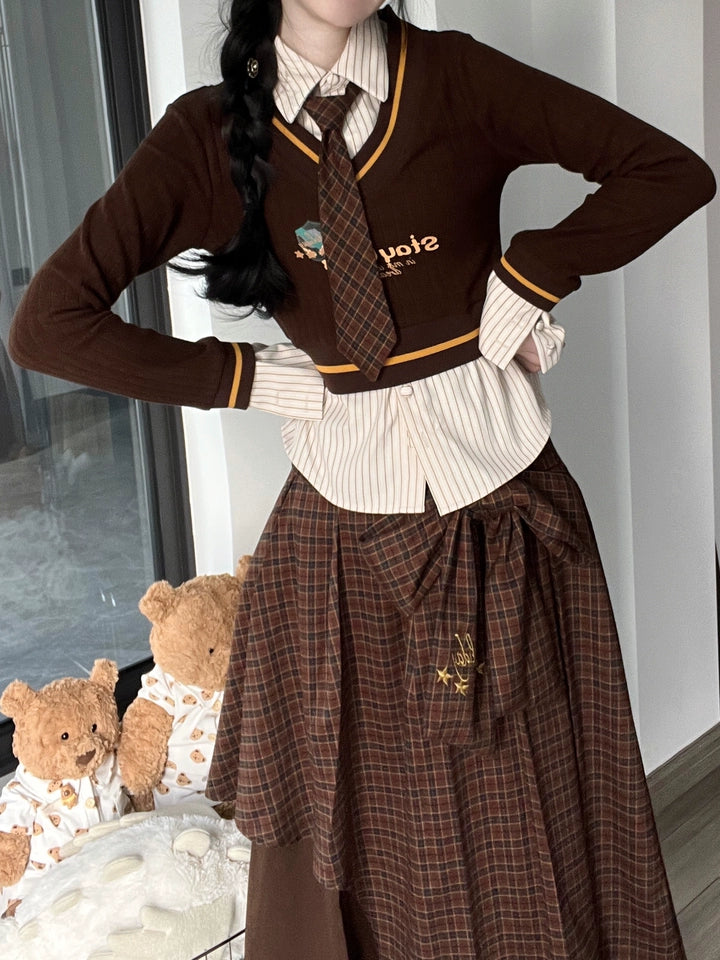 Preppy Outfit Set Fake Two-Piece Sweatshirt Pleated Skirt Set 41116:696454