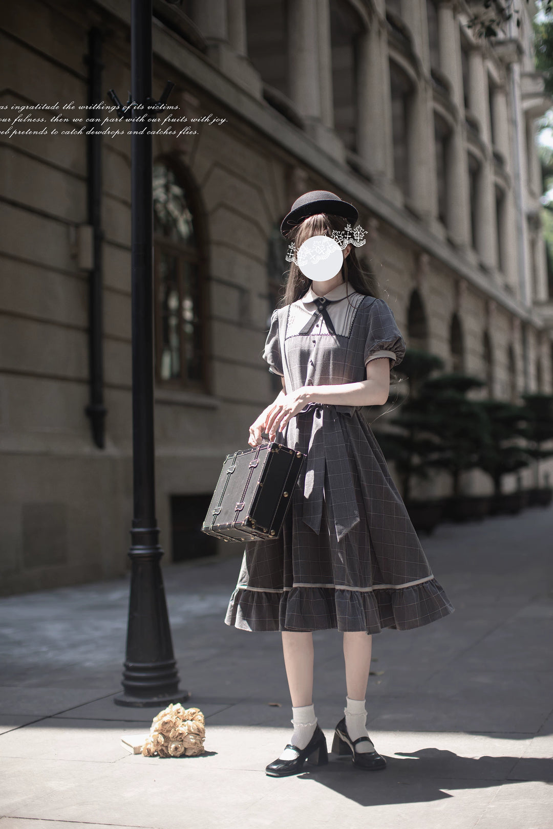 Elegant Grey Plaid Dress, Scalloped Trim & Puff Sleeves 45750:863112
