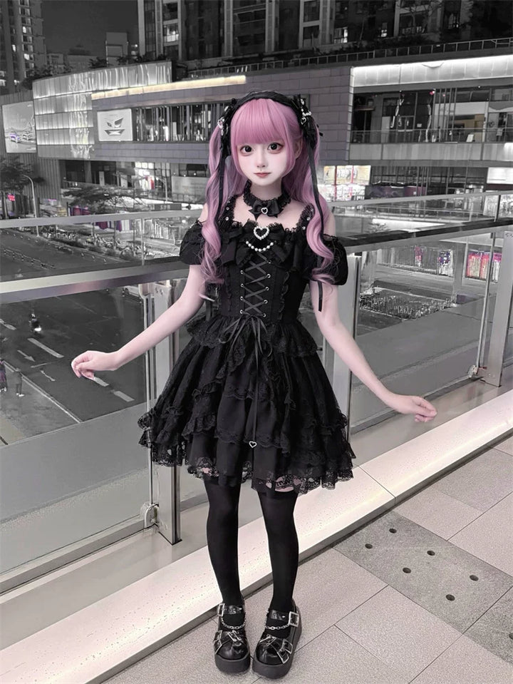 Black Jirai Kei Open Shoulder Dress, Rhinestone Strap 44950:832339