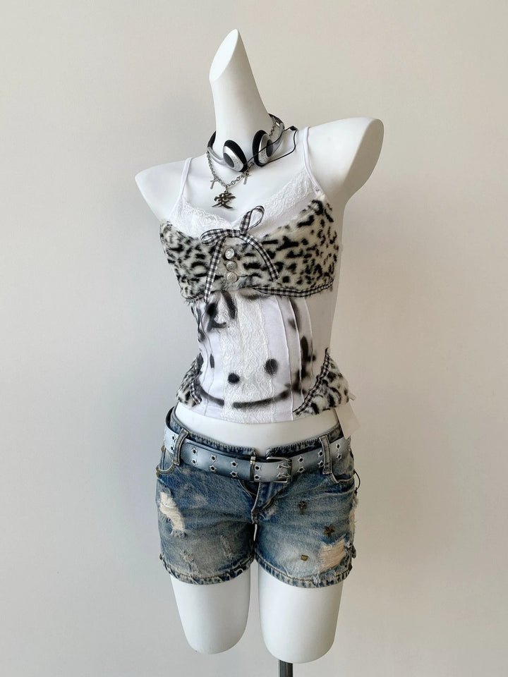 Y2K Leopard Cami Top, Kitten Print and Plaid Bow 45512:854713