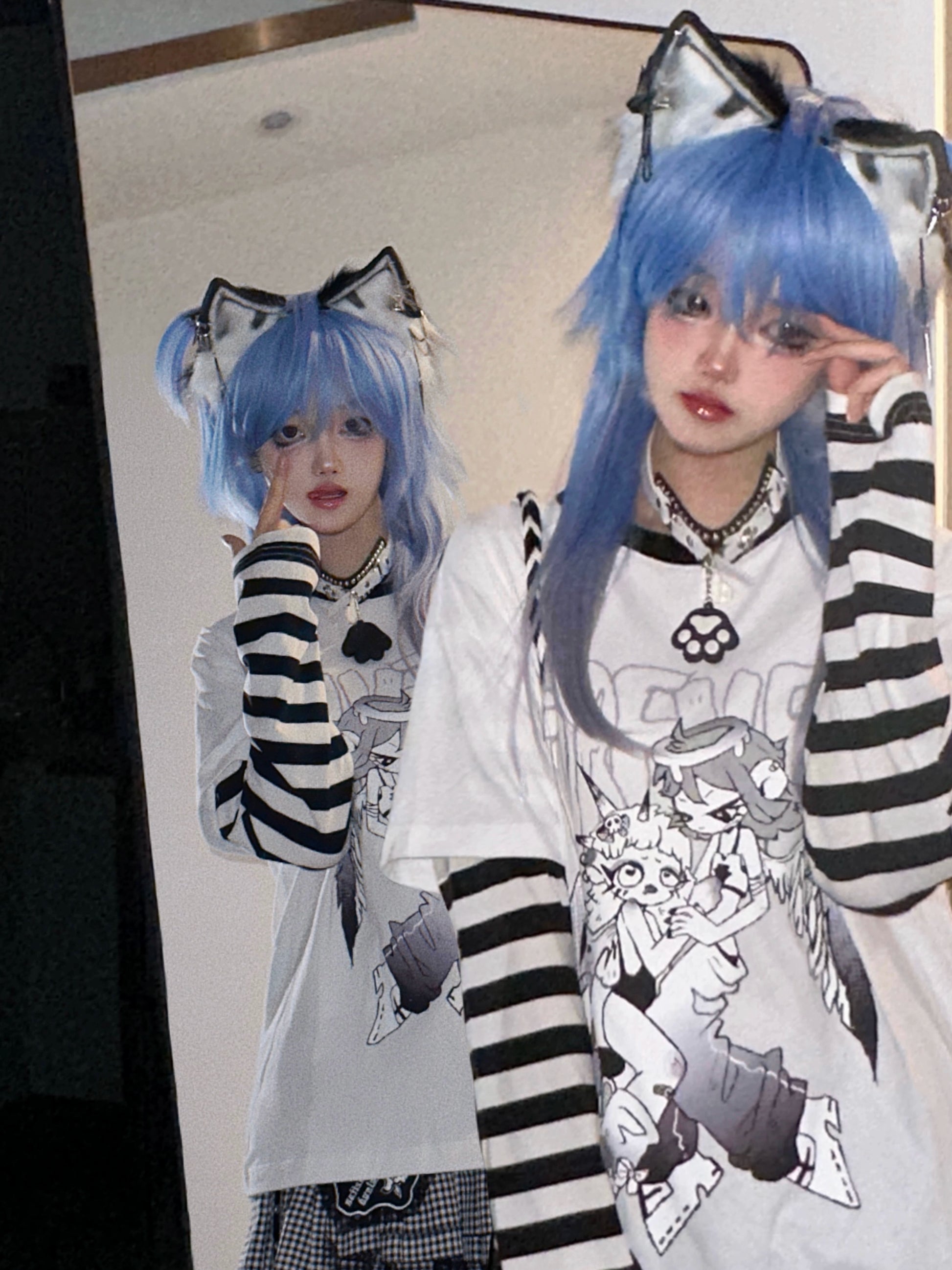 Punk Subculture Anime Striped Patchwork Long Sleeve T-shirt – Honey Wardrobe