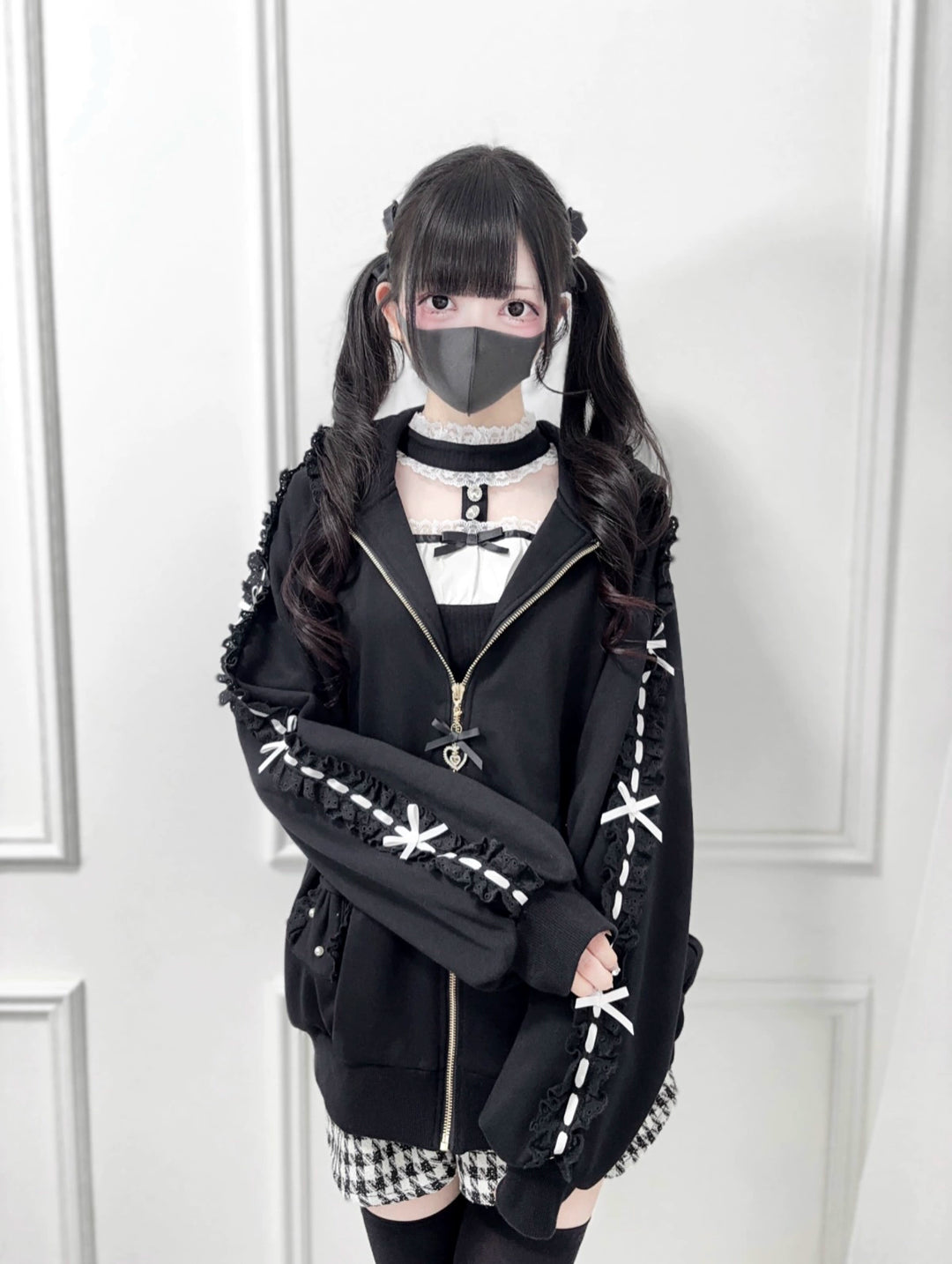 Jirai Kei Zip-Up Hoodie, Ruffle Lace and Bows 44176:800892