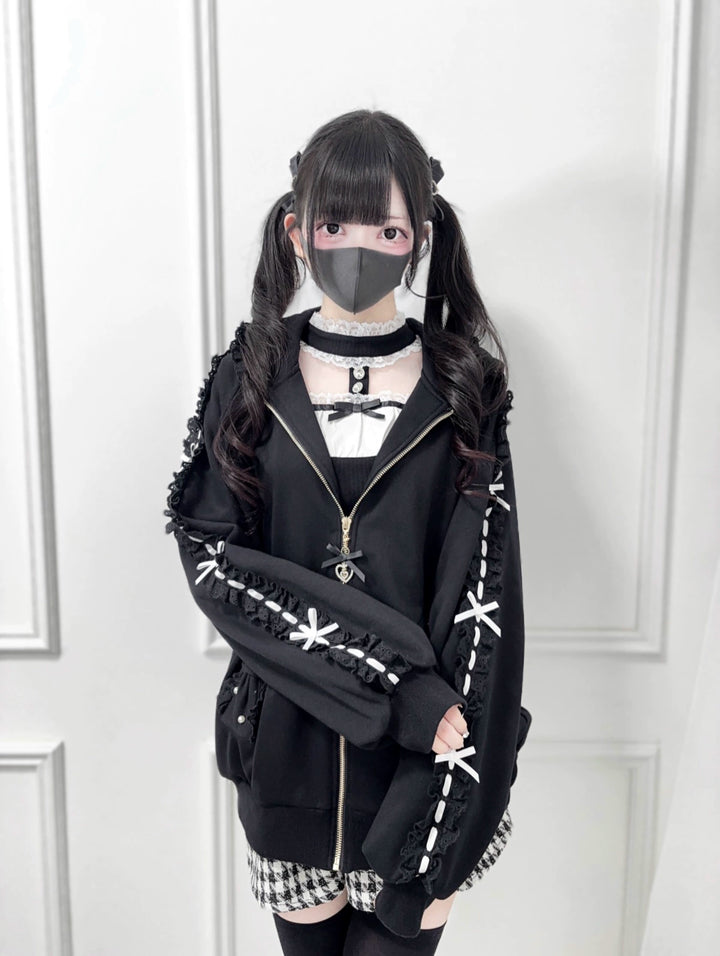 Jirai Kei Zip-Up Hoodie, Ruffle Lace and Bows 44176:800892
