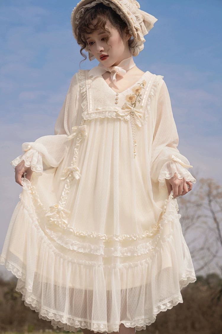 Sunflower Daily Lolita Dress Mori Kei Dress Long Sleeve Dress 36478:552294