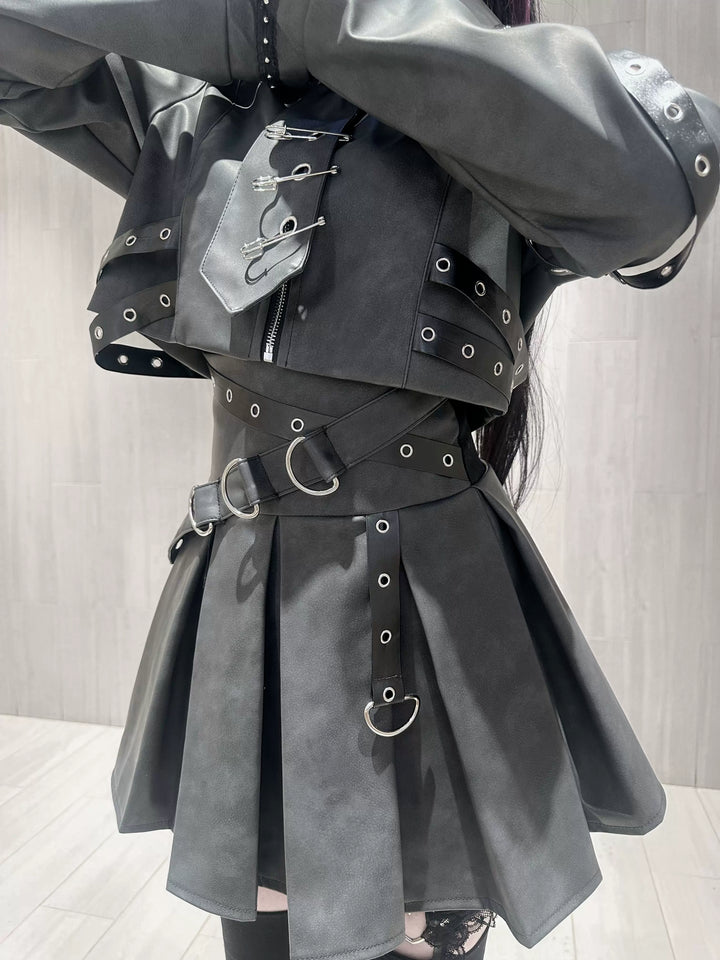 Punk Style PU Jacket, Pleated Skirt 44568:816009