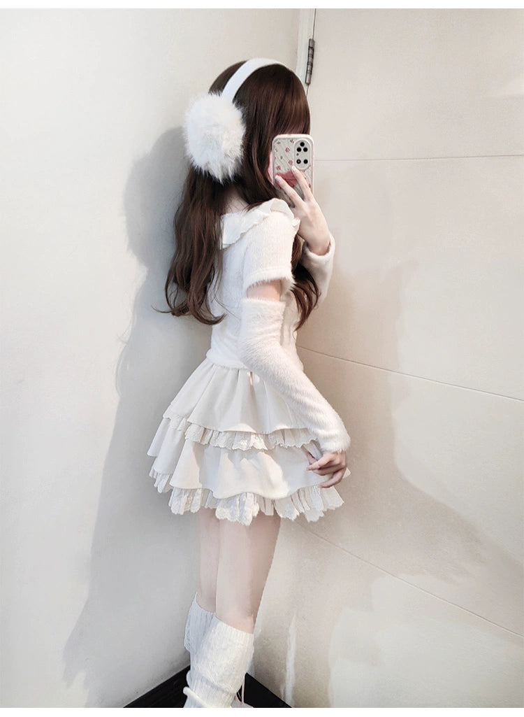 Sweet Kawaii White Sweater Cake Skirt Set 41556:703734