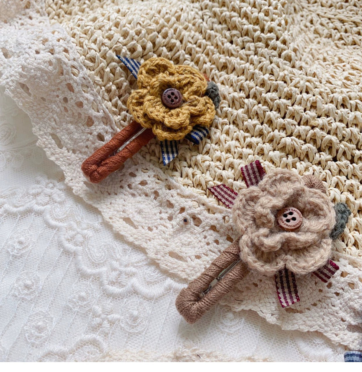 Mori Kei Hair Clips Handmade Knitted Flower Barrettes 36438:522410