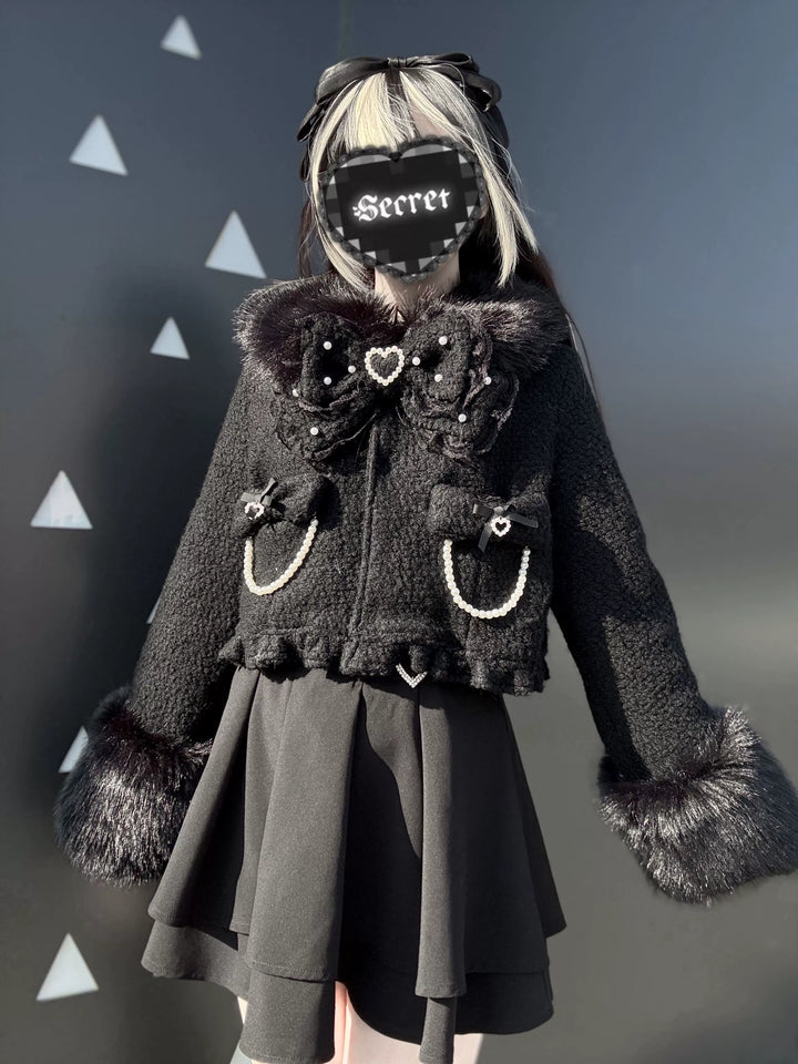 Black Jirai Kei Short Coat, Detachable Faux Fur Collar 44331:805473