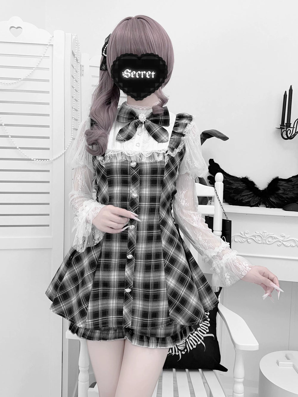 Lace Julie Sleeve Jirai Kei Dress, Elastic Waisted Shorts, Pocket 43578:780324