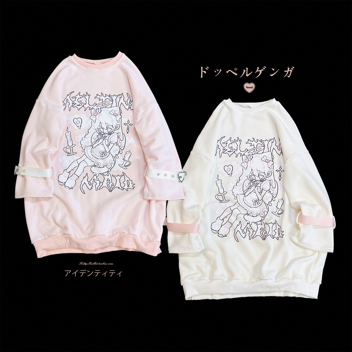 Jirai Kei Fleece Hoodie Pink White Buckle Print Long Hoodie 33356:420442 33356:420442