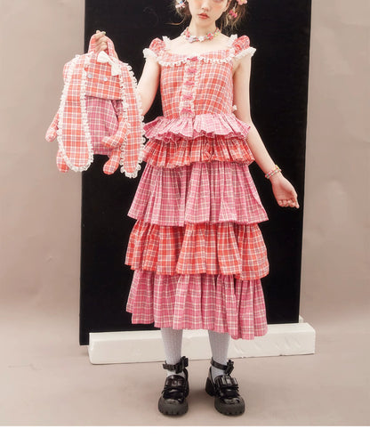 Sweet Lolita Dress Pink Plaid Dress Kawaii Layered Dress 36166:543344